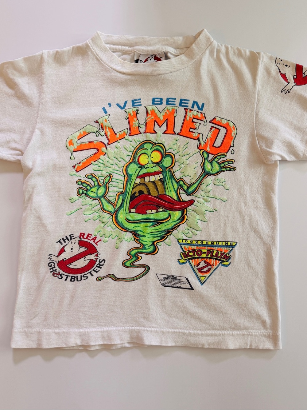 Vintage 1984 Ghostbusters Kids 'I've Been Slimed' White Graphic Tee